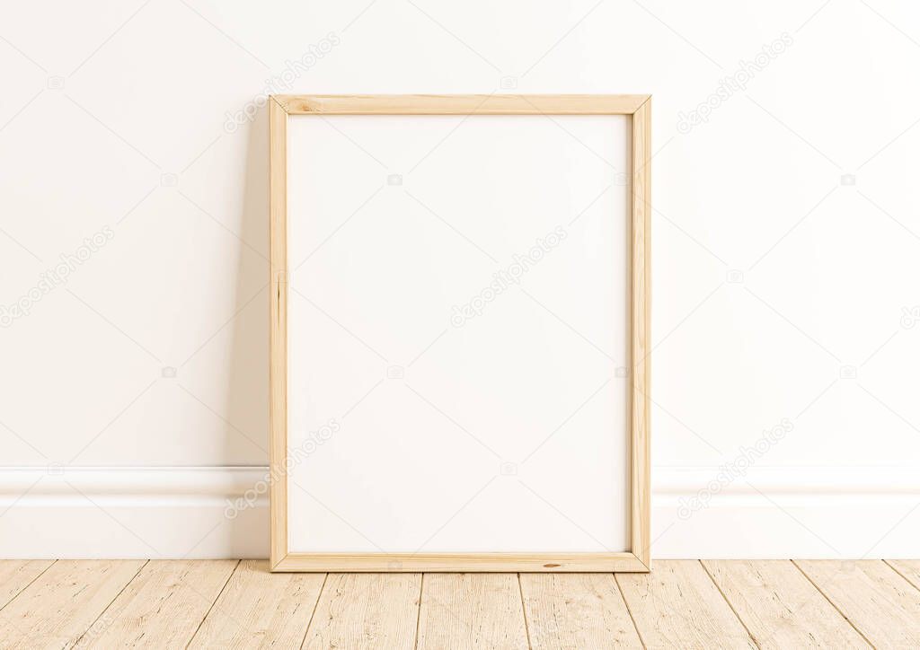 Single 8x10 Vertical Wood Frame mockup on wooden floor and white wall. One empty poster frame mockup on wooden floor and white background. 3D Rendering
