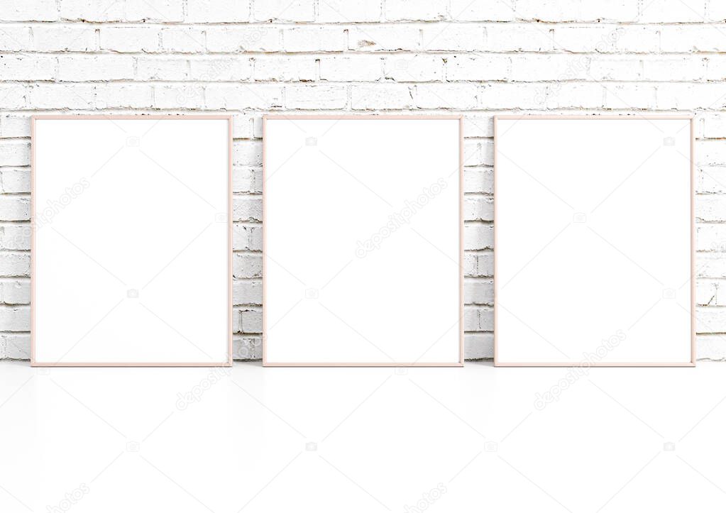 Triple 8x10 Vertical Pink Frame mockup on white floor and white brick wall. Three empty poster frame mockup on white floor and white brick background. 3D Rendering