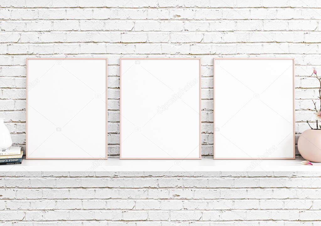 Triple 8x10 Vertical PinkFrame mockup with decorations on white shelf and white brick wall. Three empty poster frame mockup on white shelf and white brick background. 3D Rendering
