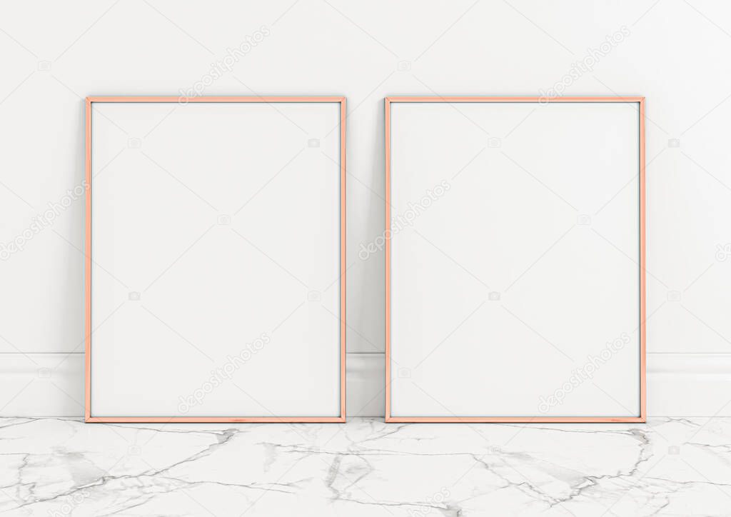 Double 8x10 Vertical Rose Gold Frame mockup on marble floor and white wall. Two empty poster frame mockup on marble floor and white background. 3D Rendering