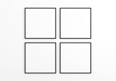 Four 10x10 Square Black Frames mockup on white wall. Four empty poster frames mockup on white background. 3D Rendering