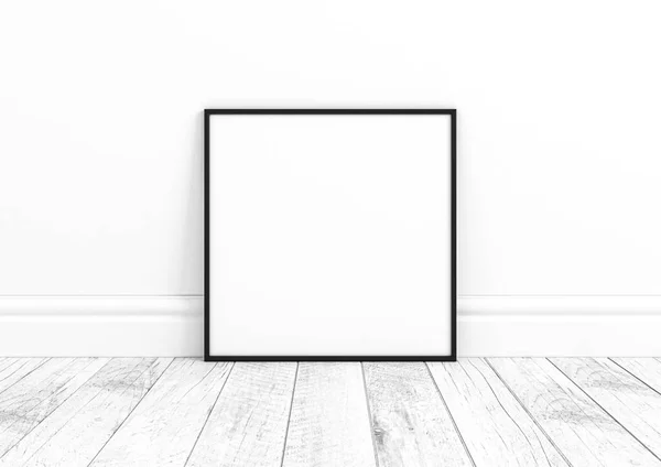 Pojedyncza Makieta 10X10 Square Black Frame Białej Drewnianej Podłodze Białej — Zdjęcie stockowe