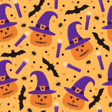 Cadı şapkalı balkabağı ve yarasa kusursuz bir cadılar bayramı deseninde.