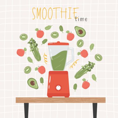 Yiyecek işlemcisinde yeşil smoothie, mikser, blender. Sağlıklı beslenme konsepti. Kereviz, ıspanak, elma, kivi ve avokado karışımı. Yemek hazırlamak için mutfak malzemeleri..
