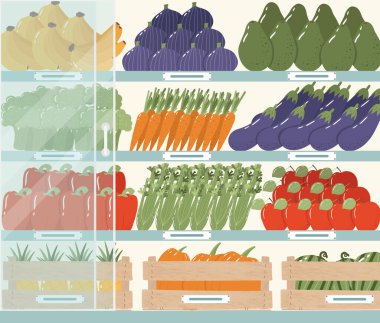 Market koridoru renkli vektör çizimi. Markette meyve ve sebzeler. Muz, incir, avokado, brokoli, havuç, kereviz ve satılık patlıcan..