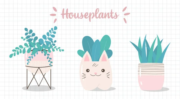 かわいい手描きの観葉植物のセット 鉢植えのコレクション ピンクのポットの植物のベクトルイラスト 北欧風の装飾植物のアイコン — ストックベクタ