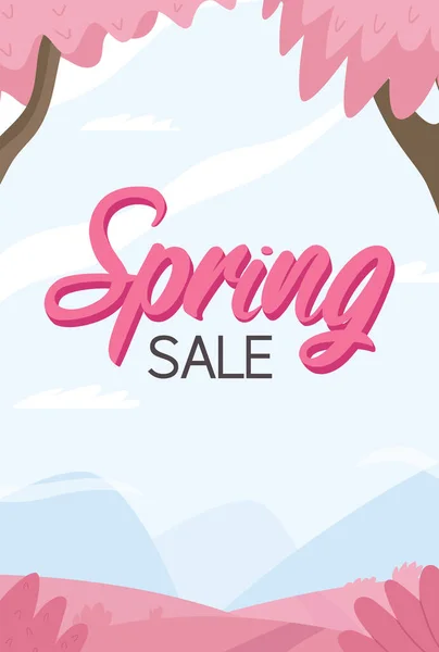 Spring Sale Banner Social Media Post Spring Landscape Mountains Blooming — Stock Vector