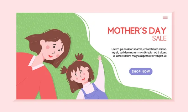 Mother Day Web Banner Template Shop Woman Daughter Laying Grass — Stock Vector