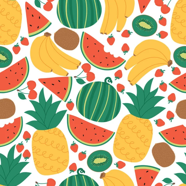 Seamless Vector Fruit Pattern Fresh Pineapple Banana Strawberry Cherry Watermelon — Stock vektor