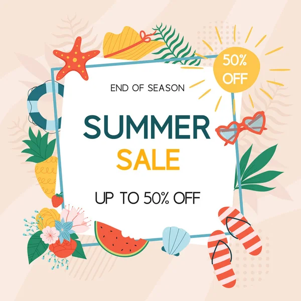 Summer Sales Banner Beach Elements Sunglasses Hat Pineapple Watermelon Flowers — Stock Vector