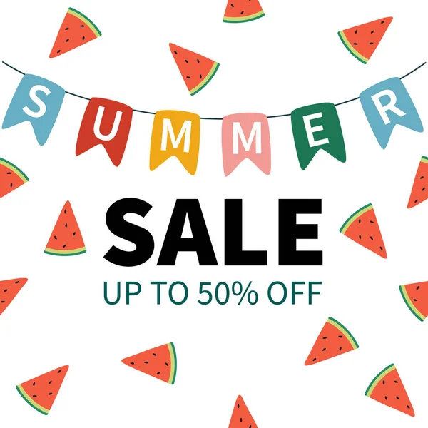 Summer Sale Banner Cute Watermelon Pattern Colourful Flags Vector Illustration — Stock Vector