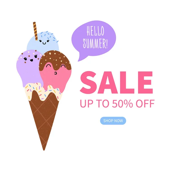 Cute Cartoon Ice Cream Summer Sale Concept — Stock Vector