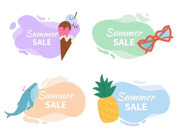 Set Abstract Elements Ice Cream Sunglasses Whale Pineapple Summer Sale — Stock Vector