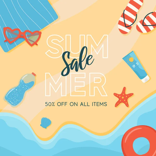 Summer Sales Social Media Post Beach Top View Sunglasses Water — Stock Vector