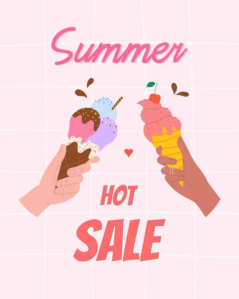 Cute Summer Sales Flyer Poster Ice Cream Hands — Stock Vector