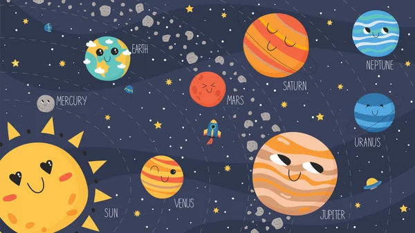 Солнечная Система Векторные Планеты Пояс Астероидов Космический Корабль Нло Красивом — стоковый вектор