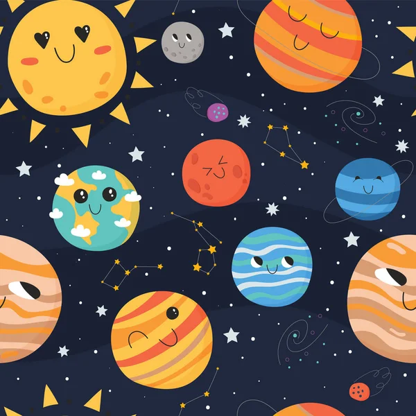 Cute Seamless Pattern Children Space Concept Solar System Planets Stars — Stock Vector