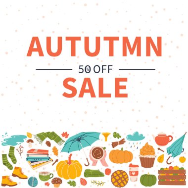 Sonbahar indirimi afişi. Şemsiye, balkabağı, çorap, kitap, fular. Vektör illüstrasyonu.