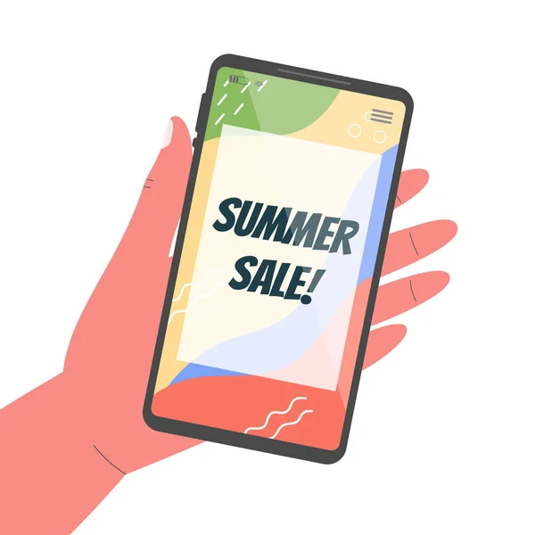 Hand Holds Smartphone Summer Sale Announcement Screen Vector Illustration — Stock Vector