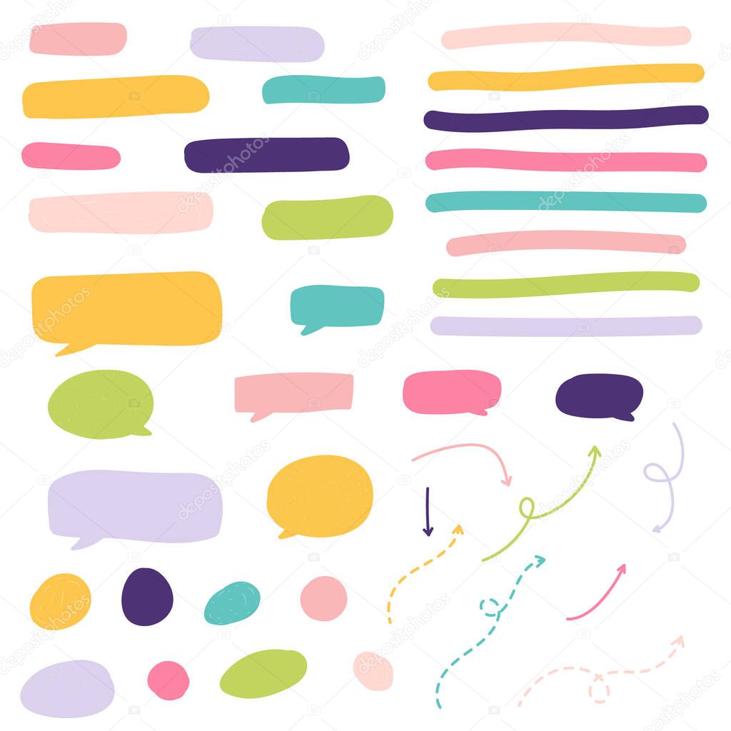 Abstract hand drawn speech bubbles, arrows and text markers. Great for infographics and social media posts.