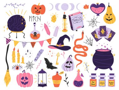 Cadılar Bayramı seti şirin sihirli elementlerle kuruludur: büyü kitabı, sihirli top, kazan, yılan, süpürge ve iksir. Çıkartmalar, yapıştırma defteri veya yazdırma için el çizimi vektör ögeleri.