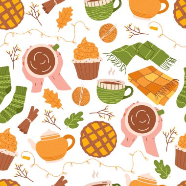 Kek, çay fincanı, çaydanlık, eşarp ve battaniye ile sonbahar modunda kusursuz desen..