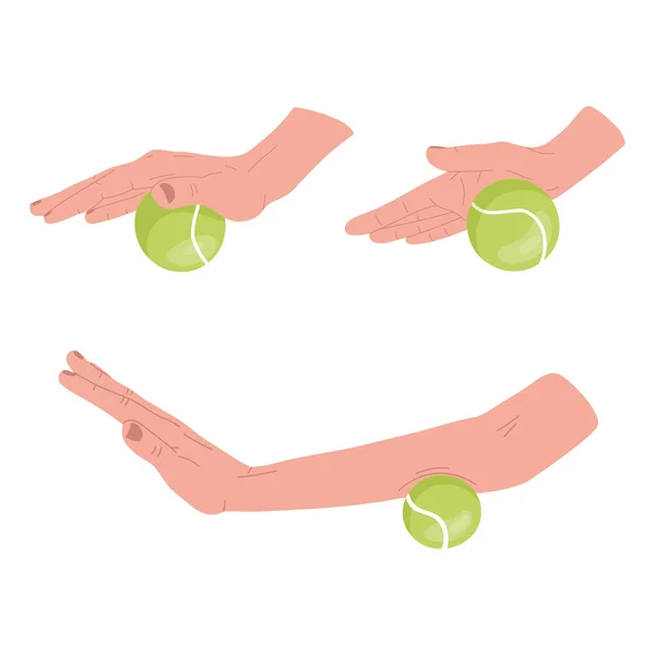 Een Set Myofasciale Oefeningen Voor Handen Revalidatie Training Tennisbal Vectorillustratie — Stockvector