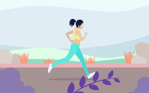 Kız parkta koşuyor, açık hava spor aktiviteleri ve sağlıklı yaşam tarzı vektör çizimleri yapıyor. Kız koşusu ve spor, kadın aktivitesi egzersizi.