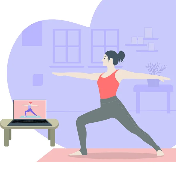 Dibujado Mano Concepto Clase Yoga Línea Con Portátil Mujer Free — Vector de stock