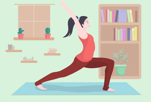 Evde yoga yapan bir kadın. Serbest Vektör.