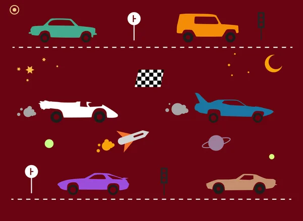 Çocuklar için Sevimli Çizgi Film Taşımacılık Arkaplanı. Karalama Oyuncak Arabaları ve Trafik İşaretleriyle Kusursuz Şekil.