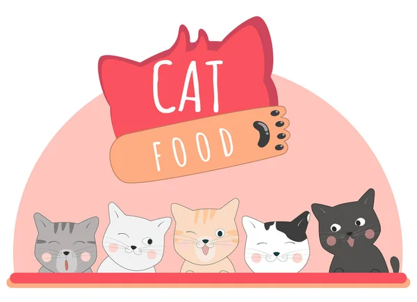 Kedi maması tabelası ve evcil hayvan dükkanı afişi için beş kedi illüstrasyonu.