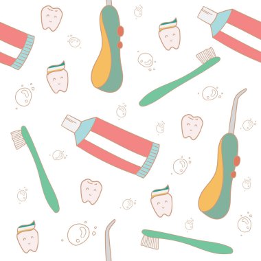 Güzel dişleri ve beyaz arka planda diş bakımı için nesneleri olan kusursuz bir desen. Komik diş macunu, fırça, sulama, diş ipi. Vektör İllüstrasyonu