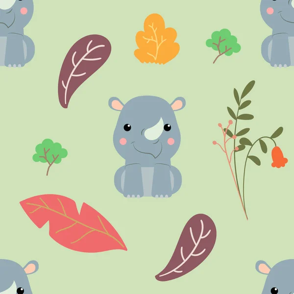 Seamless Safari Pattern Cute Rhino Animals Leaves Vector Illustration — Stock Vector