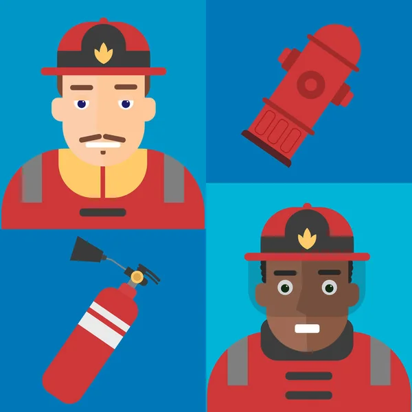 Firefighter vector firefighting equipment firehose hydrant and fire extinguisher illustration firemans uniform with helmet and isolated on blue background