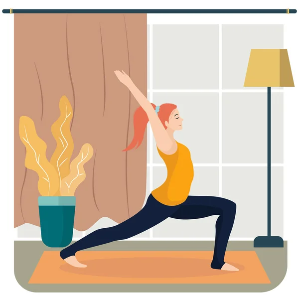 İnsanlar ev vektör illüstrasyonunda egzersiz yapıyor. Kadın spor yapıyor, egzersiz yapıyor ve yoga yapıyor. Kilitleme sırasında formda kalın. Ev yapımı çizgi filmde spor