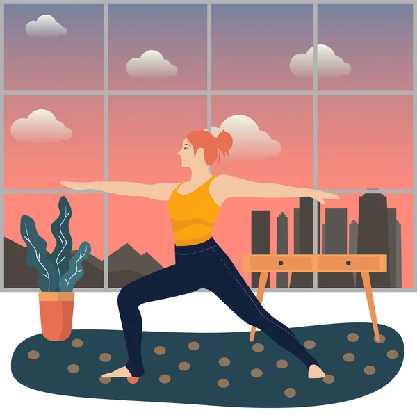Persone Esercitano Casa Illustrazione Vettoriale Donna Che Fitness Esercizio Stretching — Vettoriale Stock
