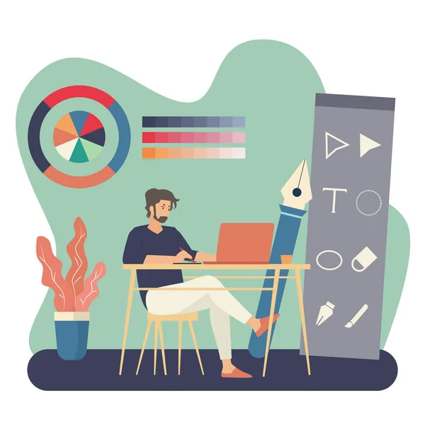 Grafik düzenleyici ile çizim yapan sanatçı. Şirin dijital tasarımcılar ya da çiziciler jenerik dizüstü bilgisayarda birlikte çalışıyorlar. Düz çizgi film renkli vektör çizimi.