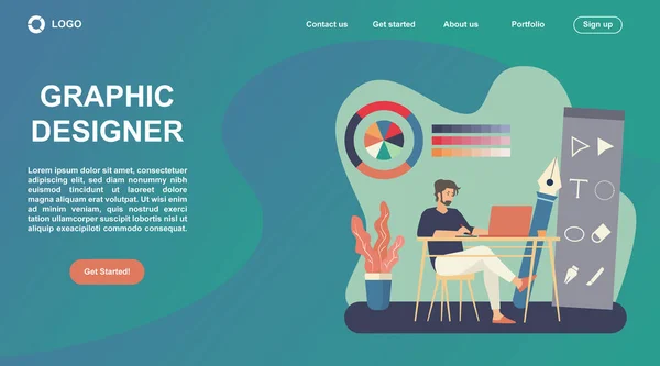 Grafik Tasarımcı Kavramının İniş sayfası şablonu. Web sitesi ve mobil web sitesi için modern düz tasarım kavramı. Vektör illüstrasyonu