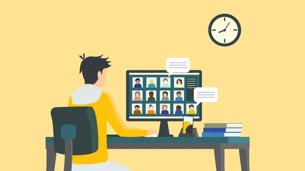 Okul çocuğu covid salgınından dolayı uzaktan toplantıyla sanal internet dersini okul öğretmeninden öğreniyor. Erkek, kulaklık kullanarak matematik öğretiyor. Vektör İllüstrasyonu