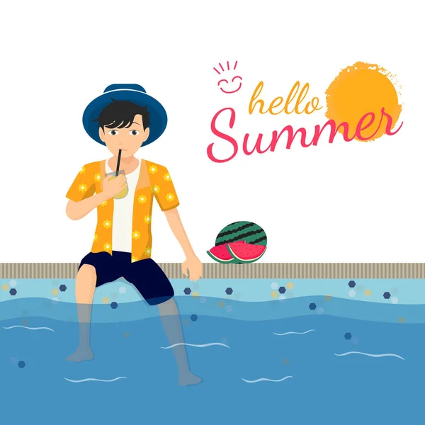 Merhaba Sumer. Çocuk yüzme havuzunda meyve suyu içiyor. Rahatlayın, yazın tadını çıkarın ve karpuz meyvesi yiyin. Pankart, ağ, mobil vs. için mükemmel. Düz anime vektör illüstrasyonu