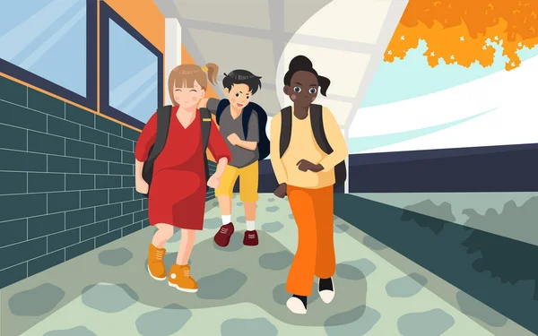 Boldog Iskolás Gyerekek Futtatják Folyosót Iskolában Lapos Vektor Illusztráció — Stock Vector