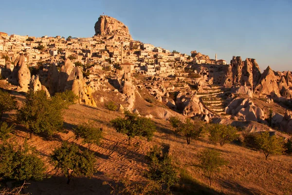 Famous Ancient Rock Dwellings Cappadocia Turkey Illuminated Early Morning Sunshine — Stock Photo, Image