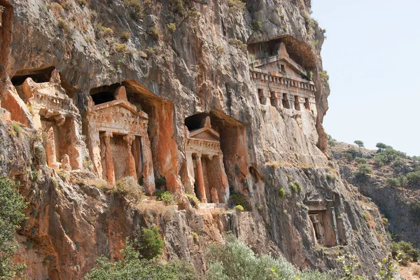 Lykische Felsengräber Begräbnisstätte Den Felsen Der Antiken Stadt Kaunos Dalyan — Stockfoto