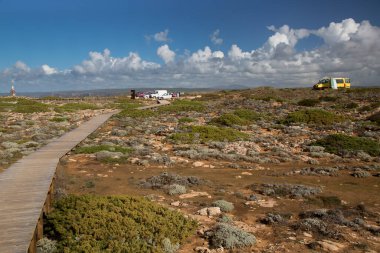 Doğa sahnesinde uzak park edilmiş arabaların olduğu ahşap kaldırım manzarası.