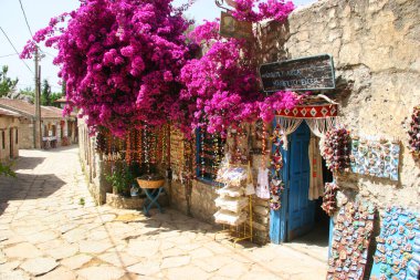 Çiçekli begonviller köy sokaklarının yakınındaki evlerin duvarları, kapıları ve pencereleri boyunca.