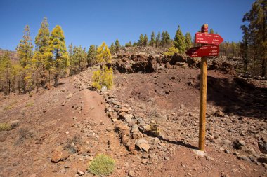 Dağların tepesindeki işaretçi. Dağlarda sonbahar konsepti.