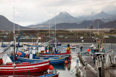 Limanda demirli tekneler ve arka planda dağlar.