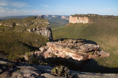 Güneşin yemyeşil olduğu kayalık manzaralı güzel bir manzara.