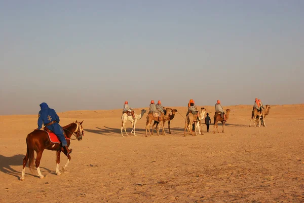 Vista Pessoas Montando Camelos Deserto — Fotografia de Stock